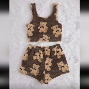 Brown Teddy Bear Print Fuzzy Set